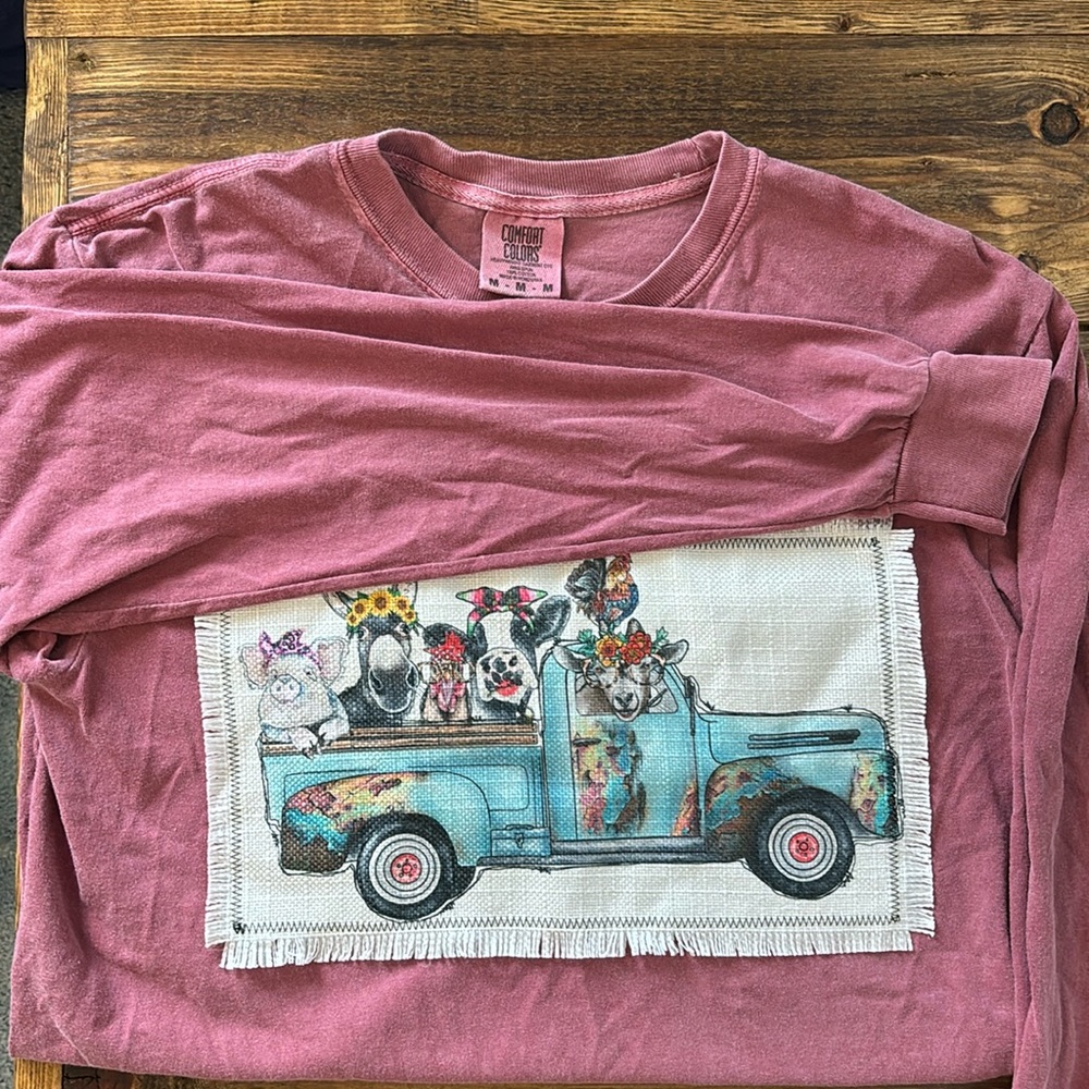 Womens Comfort Colors long sleeve t-shirt- farm animals in truck